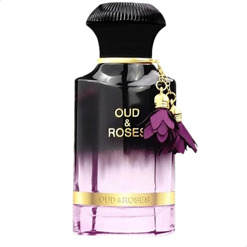 picture of a bottle of perfume Ahmed Al Maghribi Oud & Roses goog in shape & look in a combination of black and perple color