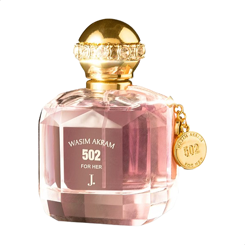 "The image shows a bottle of Wasim Akram 502 for Her perfume. The bottle has a pink, faceted glass design with a gold cap and accents. The text on the bottle reads "WASIM AKRAM 502 FOR HER"."