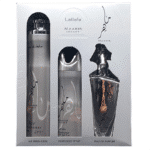 The image showcases the Lattafa Maahir Legacy fragrance collection, which includes an Air Freshener, Perfumed Spray, and Eau de Parfum. The products feature a sleek, elegant design with Arabic calligraphy and intricate patterns. The collection appears to be part of the Maahir Legacy line, highlighting its premium and luxurious nature.