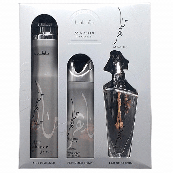 The image showcases the Lattafa Maahir Legacy fragrance collection, which includes an Air Freshener, Perfumed Spray, and Eau de Parfum. The products feature a sleek, elegant design with Arabic calligraphy and intricate patterns. The collection appears to be part of the Maahir Legacy line, highlighting its premium and luxurious nature.