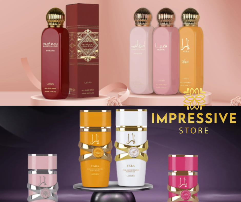 Pitur in which diffrent bottles are shows the Lattaf perfume range