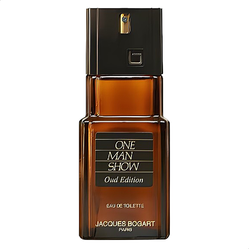 shot of the Jacques Bogart One Man Show Oud Edition EDT 100ml perfume bottle, showing its dark, elegant design.