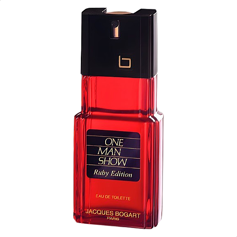 A high-quality image of the deep red, striking bottle of Jacques Bogart One Man Show Ruby Edition EDT 100ml.